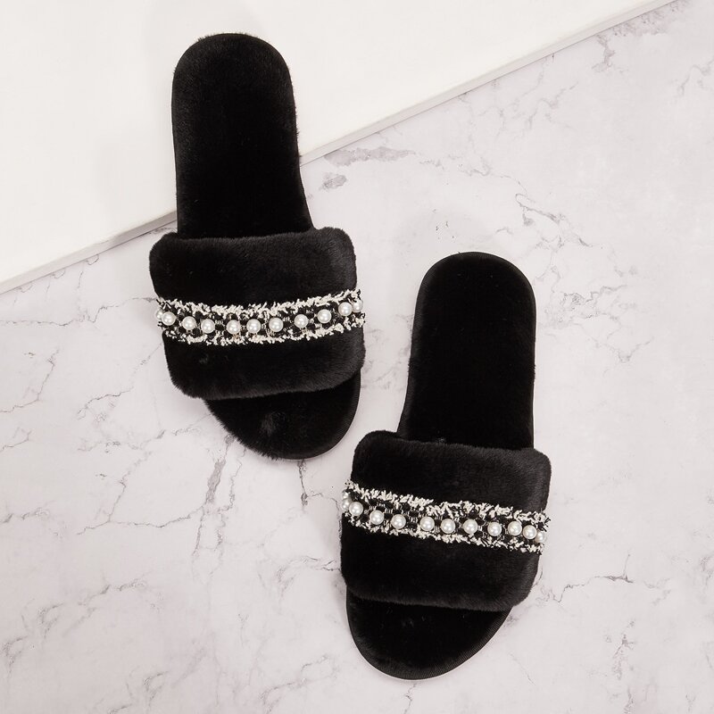 

Faux Pearl Decor Fluffy Slippers, Black