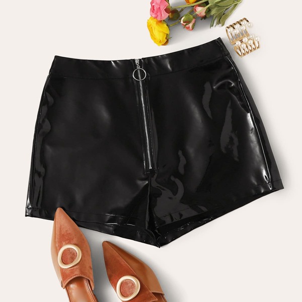 

O-ring Zip Front PU Shorts, Black