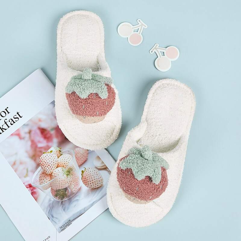 

Strawberry Decor Open Toe Slippers, White