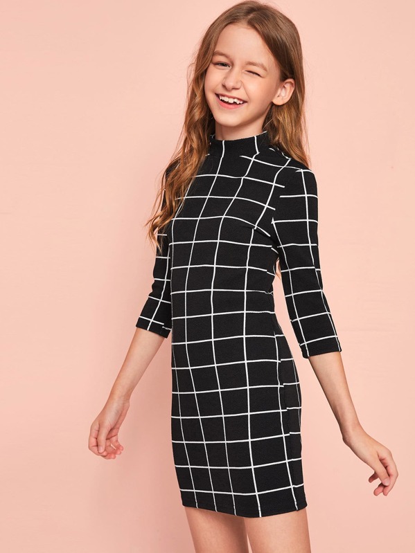 

Girls Mock-neck Keyhole Back Grid Bodycon Dress, Black, Sashab