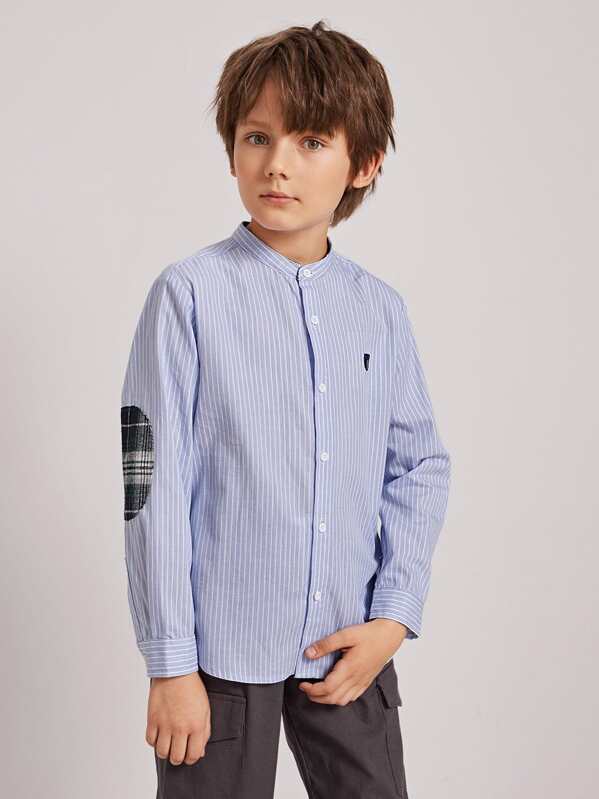 

Boys Embroidery & Plaid Elbow Patch Detail Striped Shirt, Blue, Bogdan