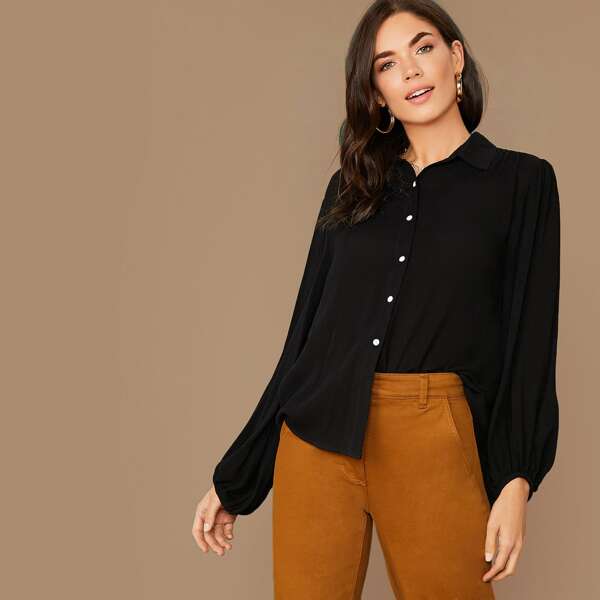 

Lantern Sleeve Solid Shirt, Black