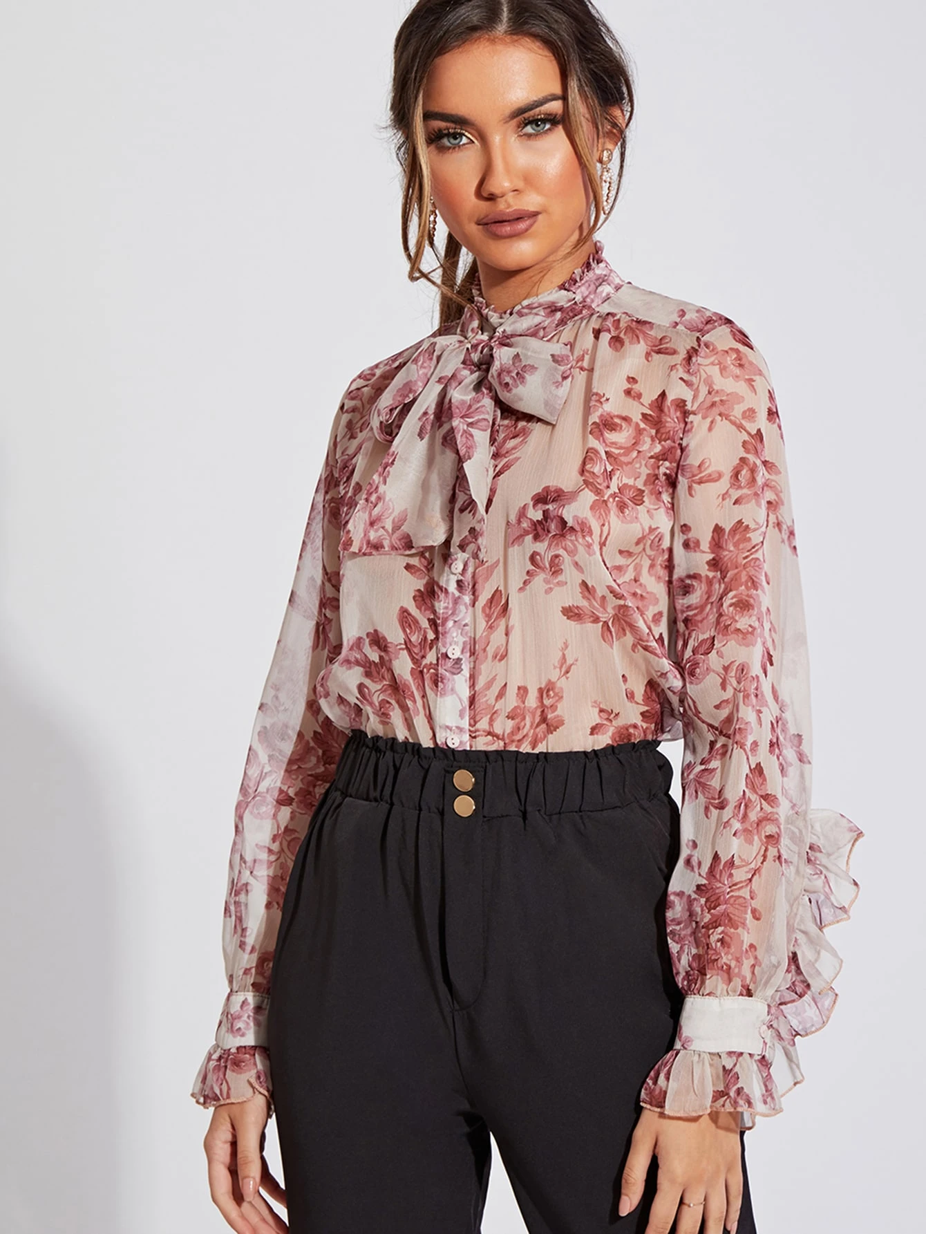SHEIN Tie Neck Ruffle Trim Floral Sheer 
