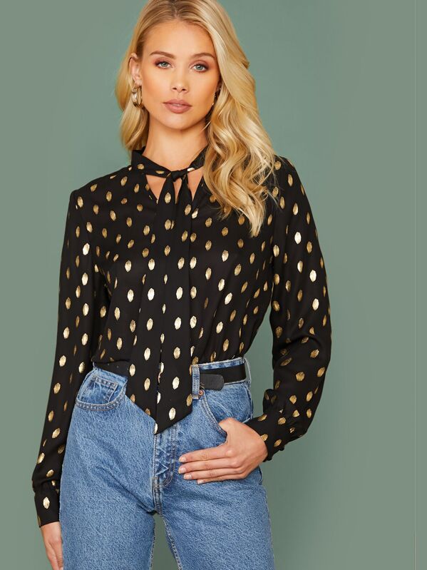 

Tie Neck Dot Print Blouse, Black, Allie Leggett
