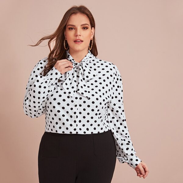 

Plus Tie Neck Lantern Sleeve Polka Dot Blouse, White