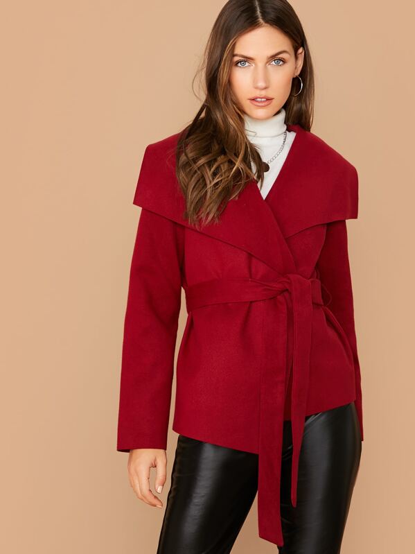

Waterfall Collar Wrap Belted Coat, Burgundy, Zorana
