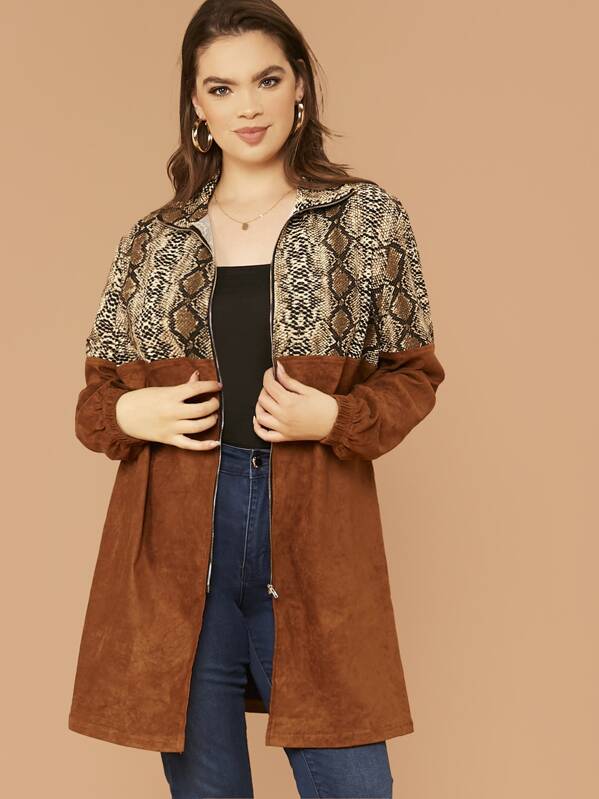 

Plus Snakeskin Print Colorblock Zipper Up Suede Coat, Multicolor, Faith Bowman