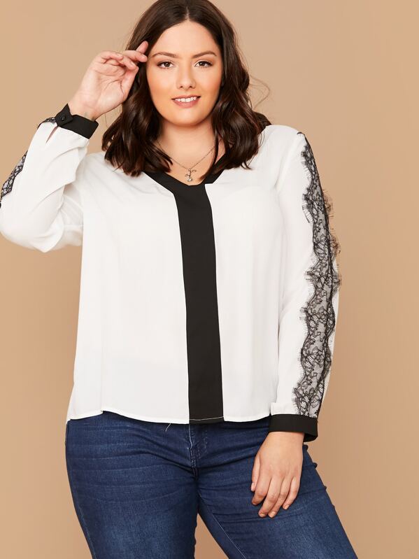 

Plus Eyelash Lace Trim Two Tone Blouse, White, Marcelle Pallais