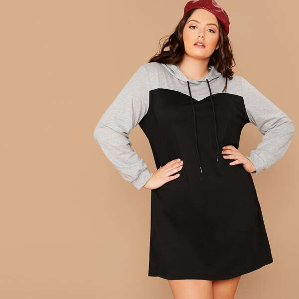 

Plus Colorblock Drawstring Hoodie Dress, Multicolor