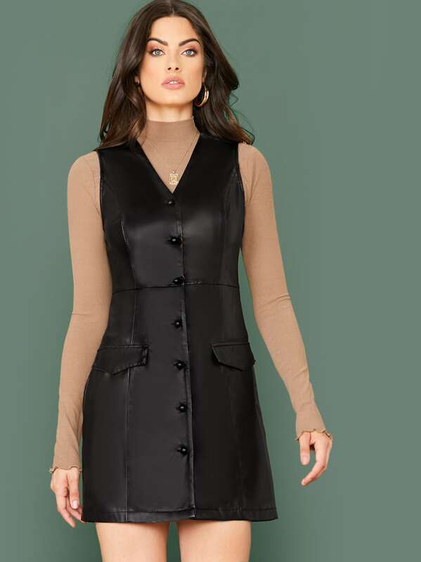 

Single Breasted Sleeveless Leather Look Dress, Black, CHARLIE ROBERTSON