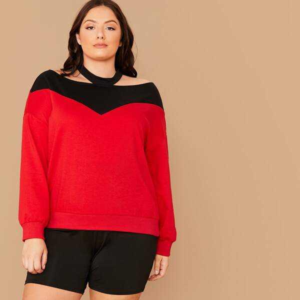

Plus Cutout Halter Neck Two Tone Pullover, Red bright