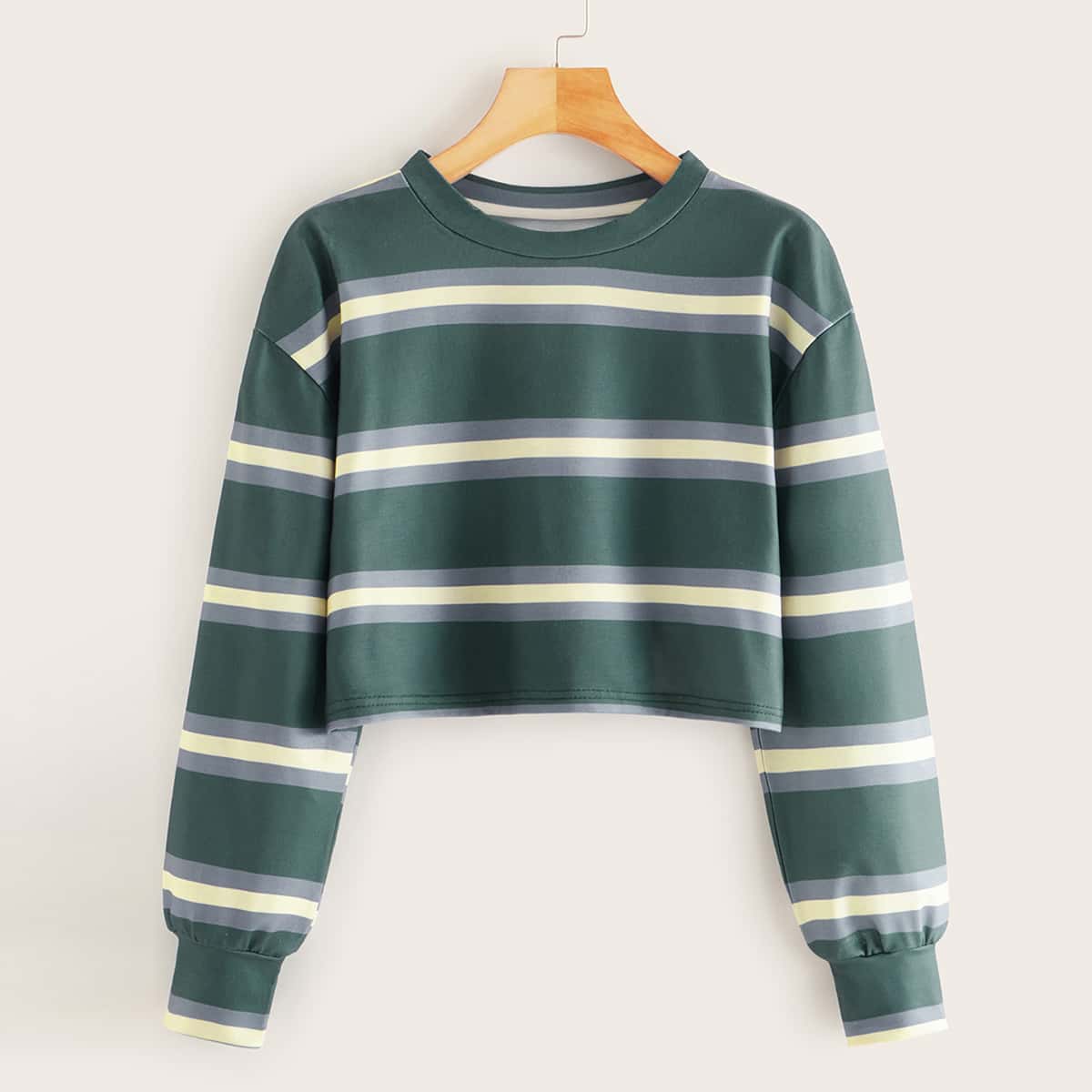 Crew Neck Striped Crop Green Pullover
