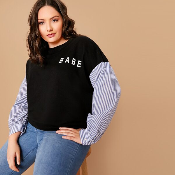 

Plus Striped Sleeve Letter Graphic Pullover, Black