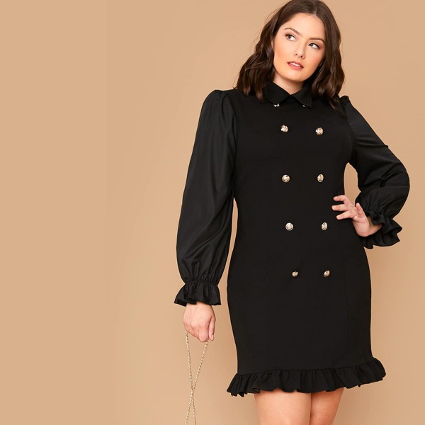 

Plus Collared Double Breasted Ruffle Hem Dress, Black