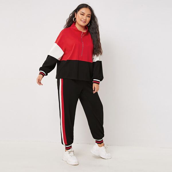 

Plus Half Zipper Front Colorblock Pullover & Pants Set, Multicolor