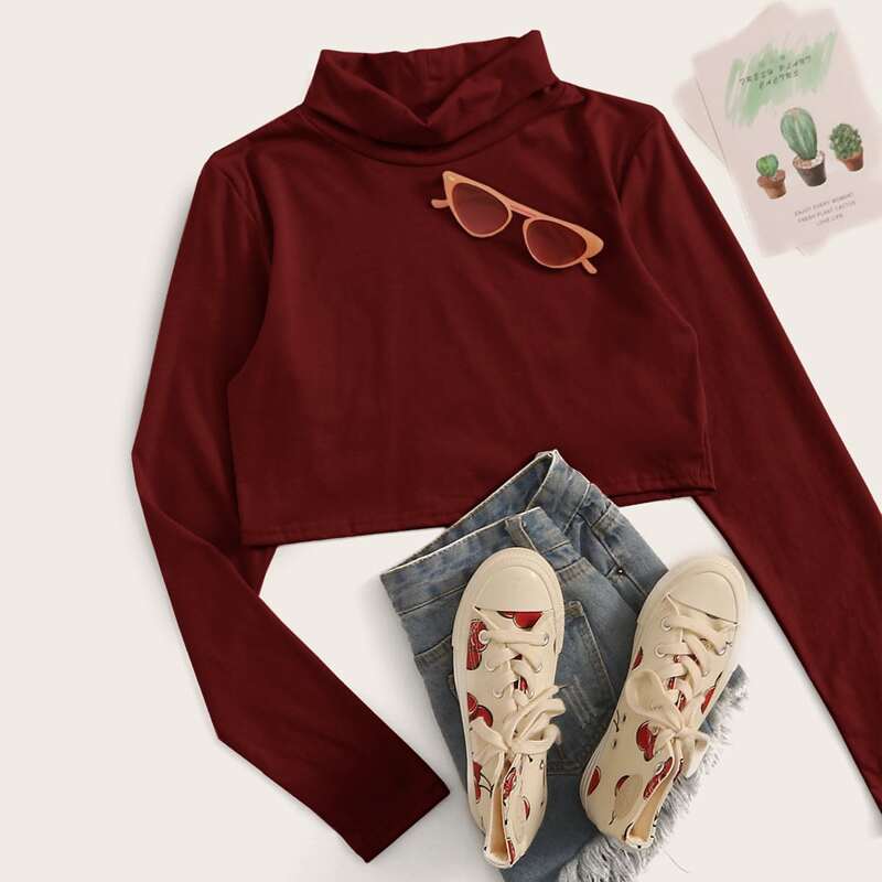 

Solid High Neck Crop Tee, Burgundy