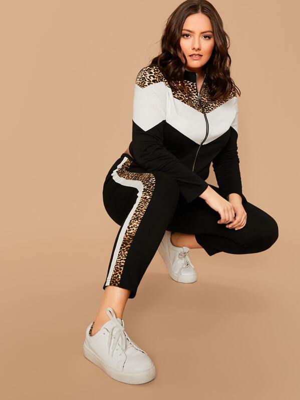 

Plus Leopard Color Block Zipper Sweatshirt & Leggings Set, Black and white, Marcelle Pallais