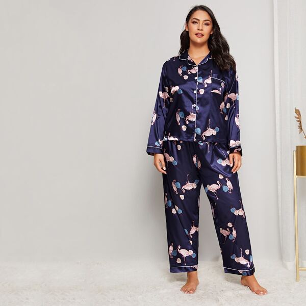 

Plus Figure Print Satin PJ Set, Navy