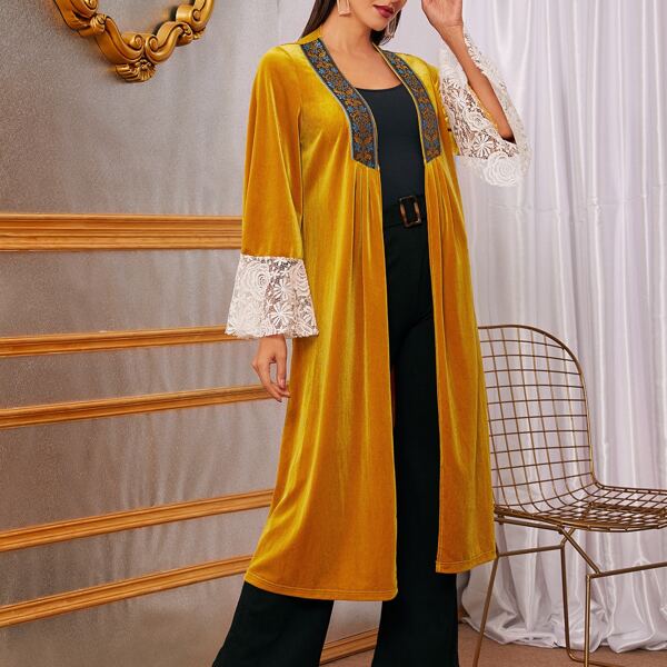 

Contrast Lace Tribal Embroidered Velvet Coat, Yellow