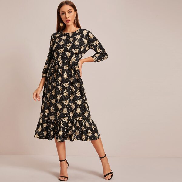 

Floral Print Ruffle Hem A-line Dress, Multicolor