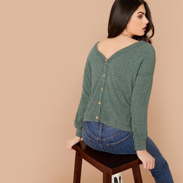 

Button Down Back Ribbed Long Sleeve Top, Green