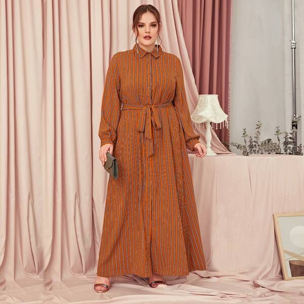 

Plus Self Belted Striped Shirt Dress, Burnt orange