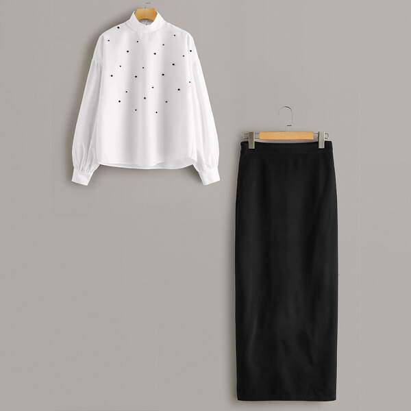 

Beaded Detail High Neck Top & Pencil Skirt Set, Black and white