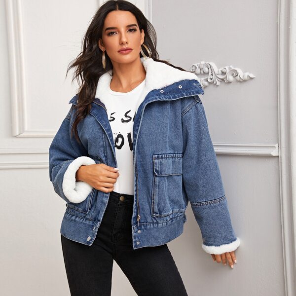 

Flap Pocket Sherpa Lined Denim Jacket, Blue