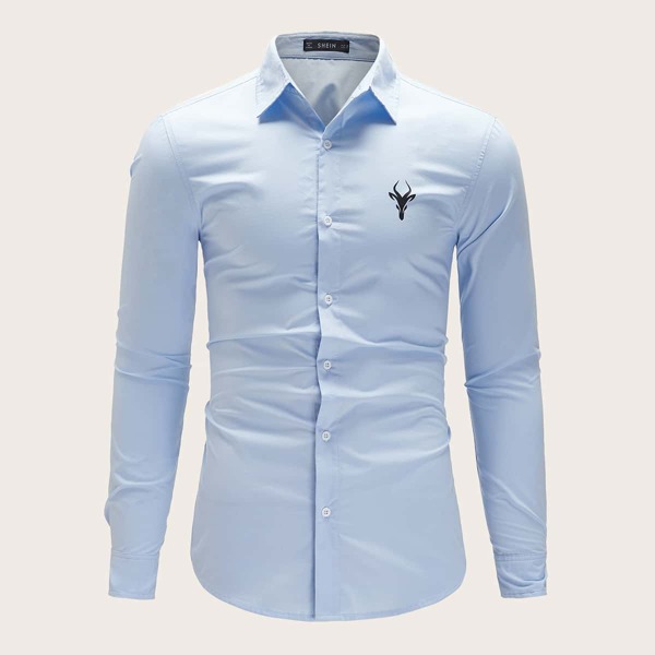 

Men Button Front Graphic Print Shirt, Blue pastel
