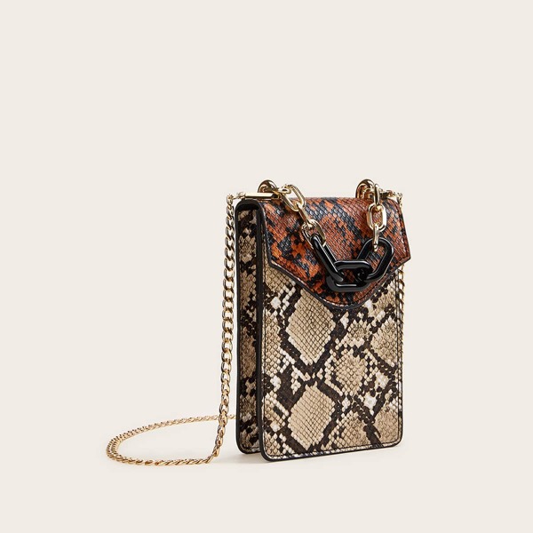 

Snakeskin Print Chain Strap Flap Satchel Bag, Multicolor