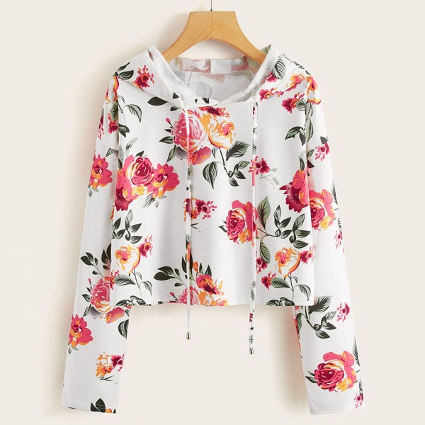 

Floral Print Drawstring Crop Hoodie, Multicolor