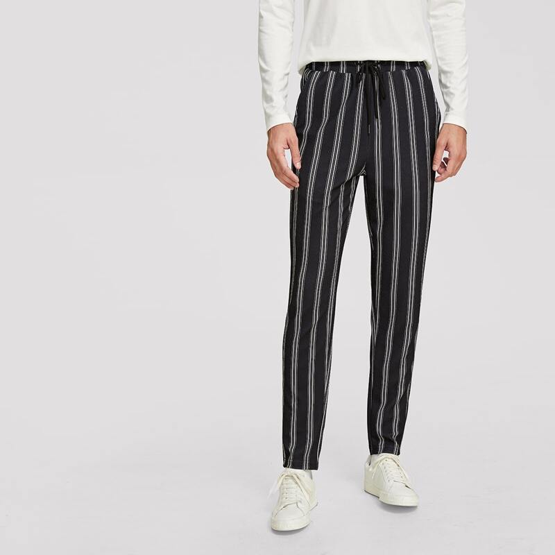 

Guys Drawstring Waist Striped Pants, Black
