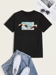 Manfinity Hypemode Áo thun nam cổ tròn họa tiết tay - màu đen - Xem 1