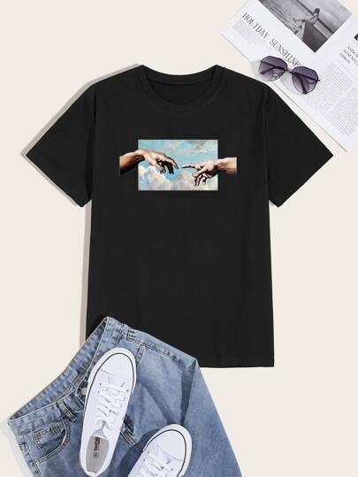 Guys Hands Graphic Round Neck Tee