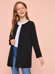 SHEIN Tween Girl Open Front Pocket Detail Coat,In Fall/Winter - Black - View 3