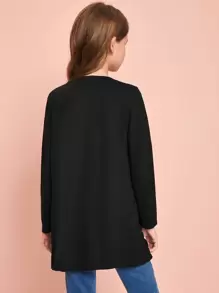 SHEIN Tween Girl Open Front Pocket Detail Coat,In Fall/Winter - Black - View 2
