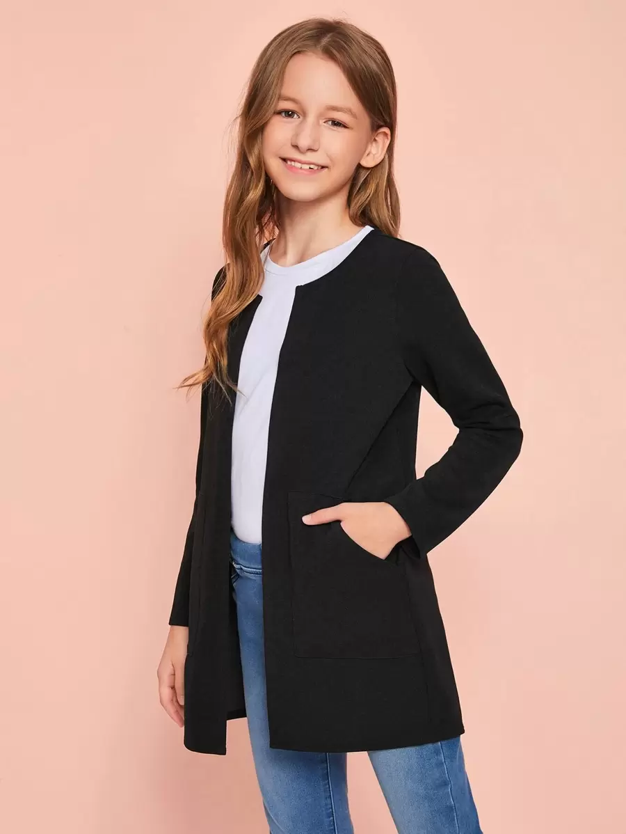 SHEIN Tween Girl Open Front Pocket Detail Coat,In Fall/Winter - Black - View 1