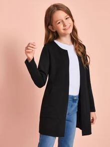SHEIN Tween Girl Open Front Pocket Detail Coat,In Fall/Winter - Black - View 4