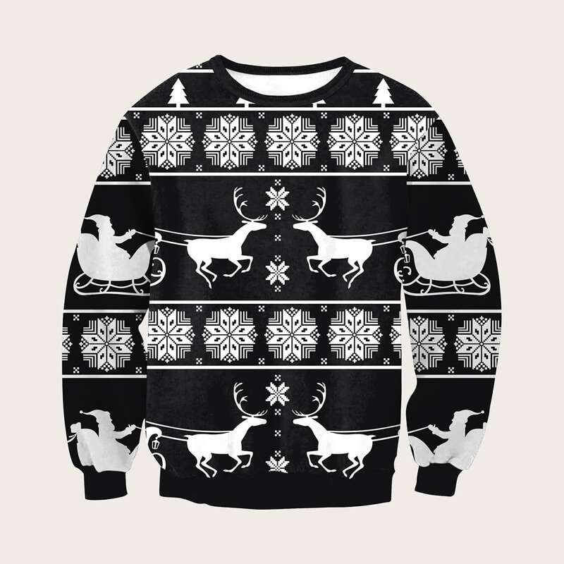 

Guys Christmas Print Round Neck Sweatshirt, Black and white