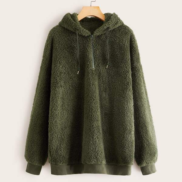 

Zip Half Placket Teddy Hoodie, Army green