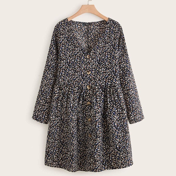 

Plus V-neck Button Front All-over Print Smock Dress, Multicolor