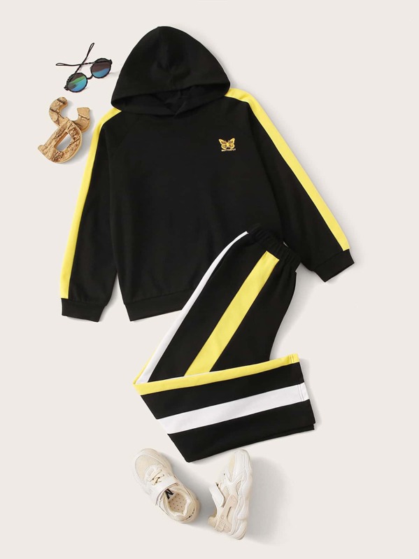 

Boys Raglan Sleeve Striped Side Hoodie & Joggers Set, Black