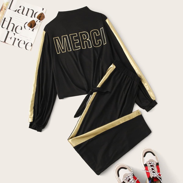 

Plus Letter Graphic Gold Sideseam Top & Pants Set, Black