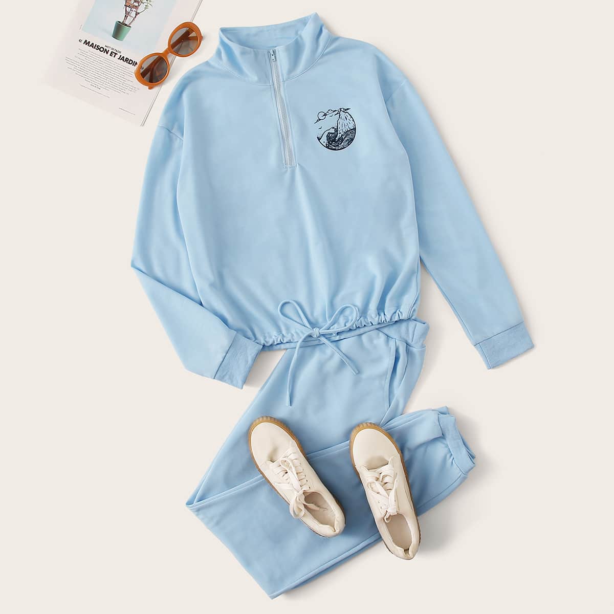 

Half Zip Graphic Print Sweatshirt & Sweatpants, Blue