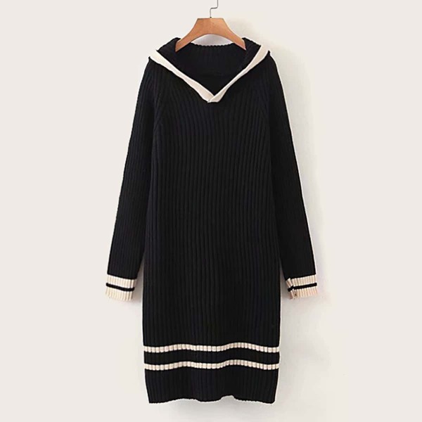 

Ribbed Contrast Trim Hooded Sweater Dress, Black