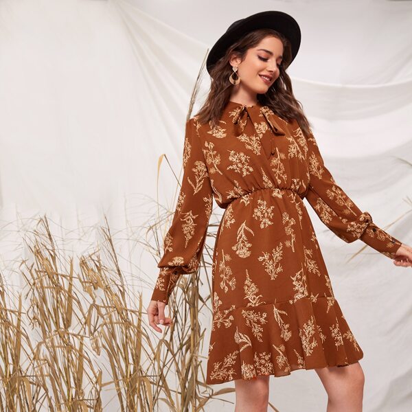 

Plants Print Tie Neck Flounce Hem Dress, Brown