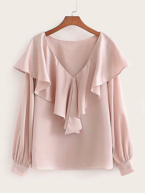 

Solid Ruffle Trim V-Neck Blouse, Pink