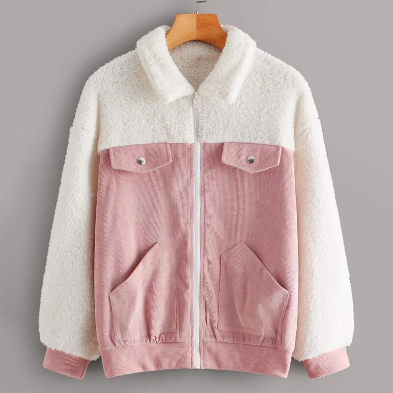 

Color-block Corduroy Panel Teddy Jacket, Multicolor