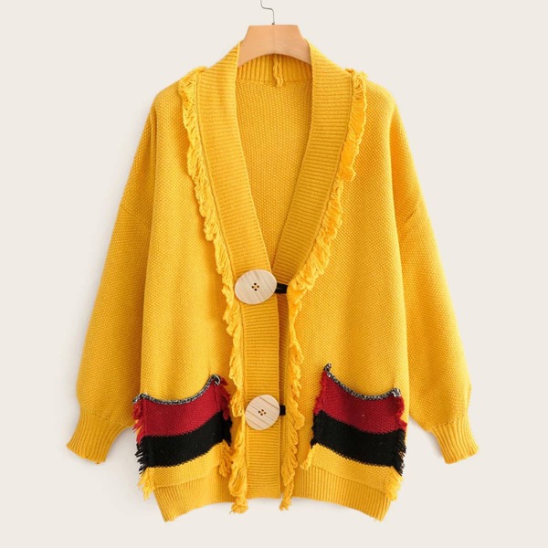

Contrast Pocket Raw Trim Cardigan, Yellow