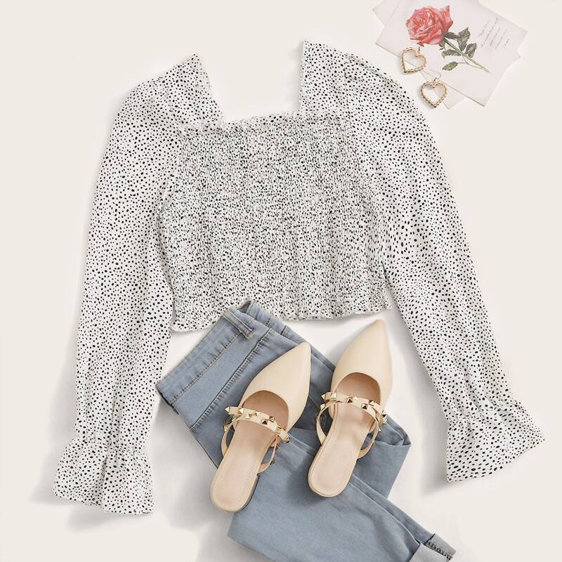 

Dalmatian Print Shirred Flounce Sleeve Blouse, Black and white